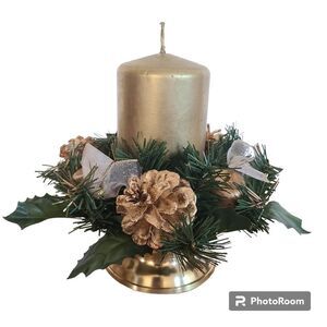 Lacquered Brass Candle Holder With Unlit Gold Candle and Holiday Candle Wreath